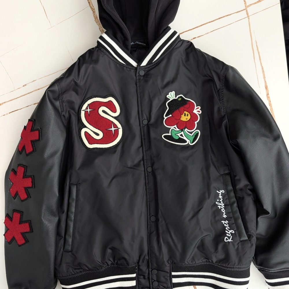 Zara Black Varsity Jacket with Red and White Details